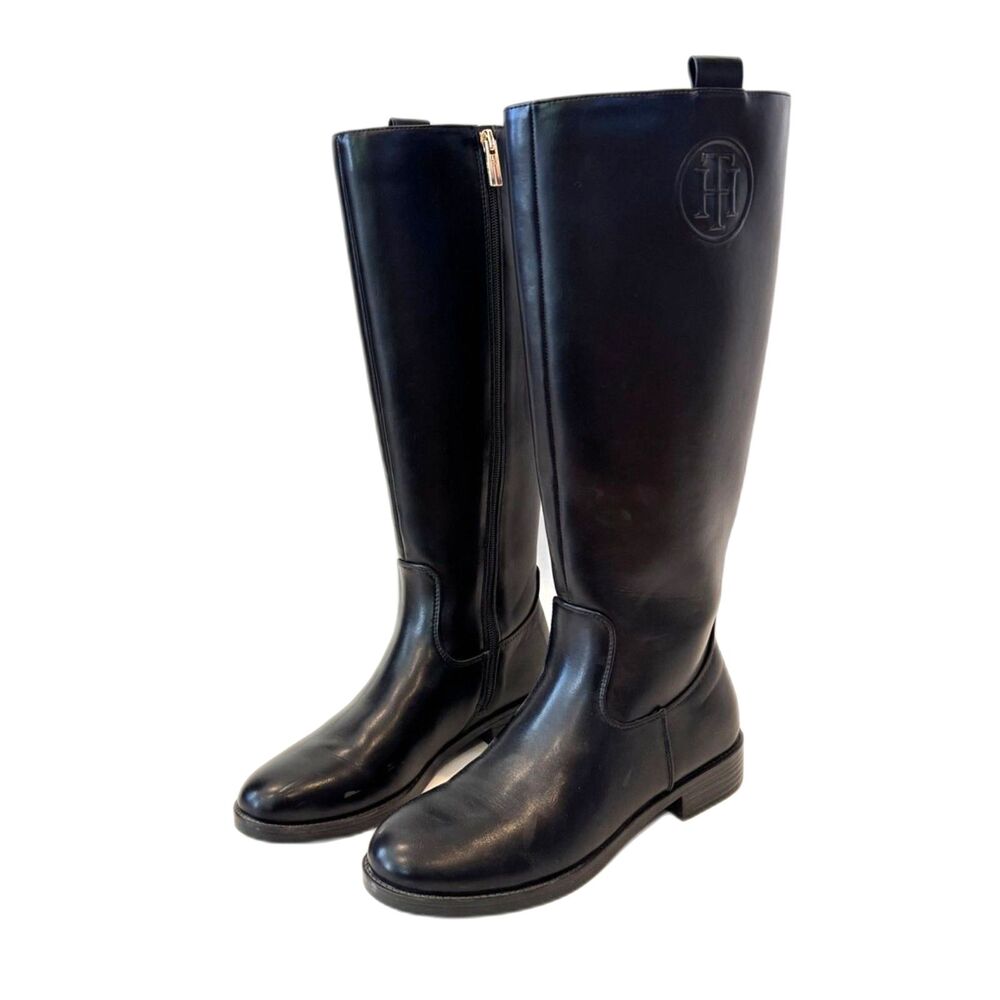 Tommy Hilfiger Rayais Vegan Leather Riding Boot Black Inside Zip 7.5 Knee Length